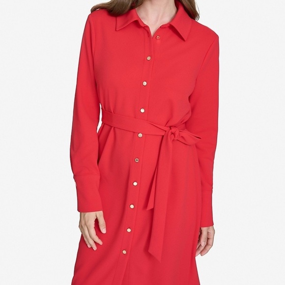 NWT Halston Red Long-Sleeve Scuba Crepe Belted Shirt Dress Sz 12 - Picture 5 of 9